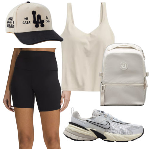 Summer College Outfit 4: biker shorts, sneakers, athletic top and baseball hat