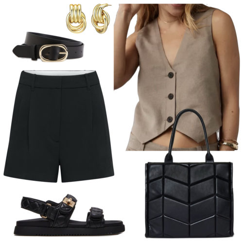 Summer College Outfit - Old Money, black tailored shorts and a linen vest with sandals