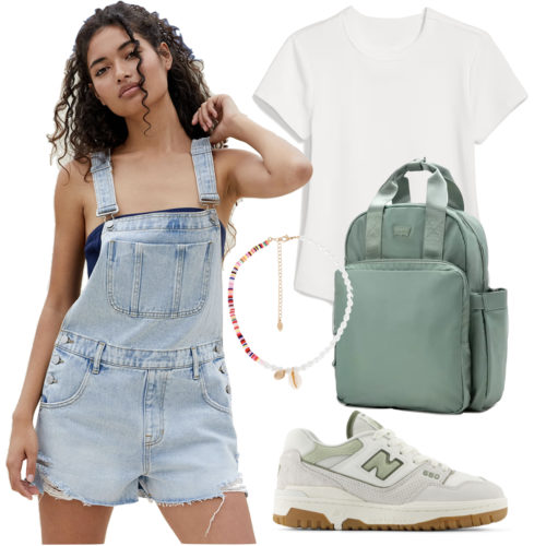summer college outfit with denim overalls, a t-shirt and New Balance sneakers
