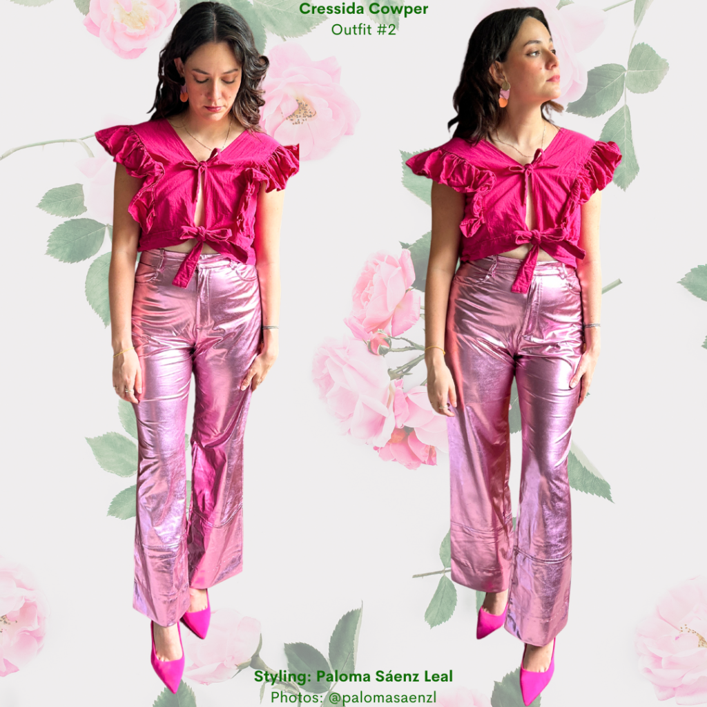 Bridgerton Fashion Guide Outfit 2 Cressida: hot pink tie in blouse, pink metallic pants, pink heels
