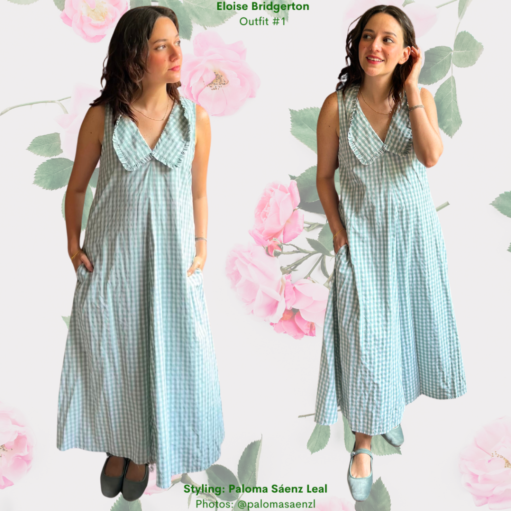 Bridgerton Fashion Guide Outfit 1 Eloise: Vichy dress, Peter Pan collar, 