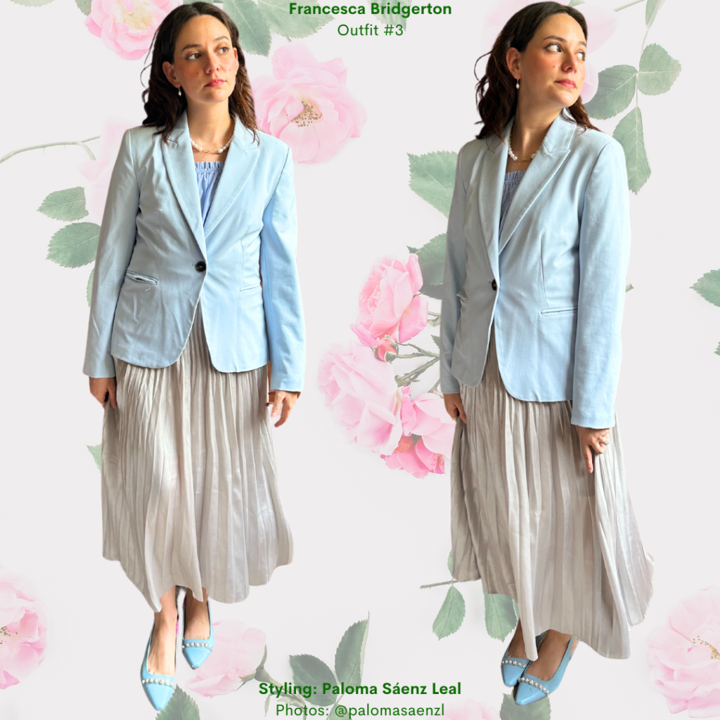 Bridgerton Fashion Guide Outfit  3 Francesca: light blue blazer, light blue top, silver skirt, blue flats with pearls, pearl necklace