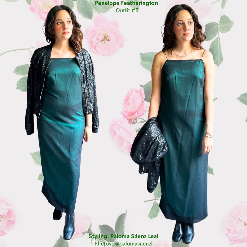 Bridgerton Fashion Guide Outfit  5 Penelope: Dark green dress, sequin bomber jacket, black booties