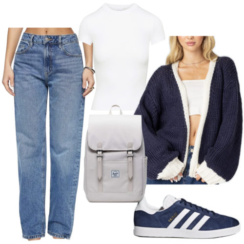 Cute College Outfit with jeans, a cardigan and sneakers