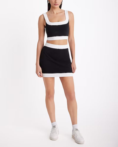 Express black and white crop top and mini skirt