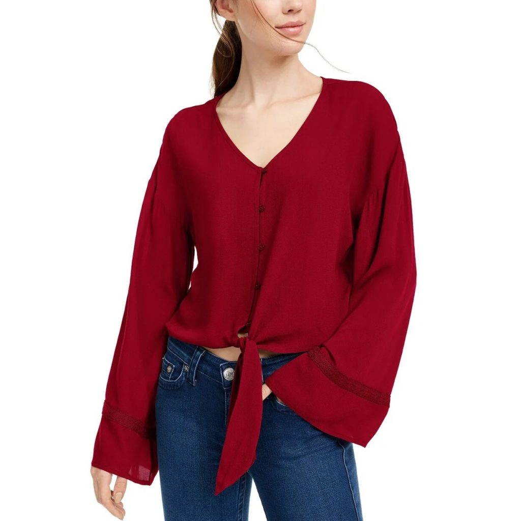 Freshman Juniors' Flare-Sleeved Tie-Waist Blouse Red Size Large