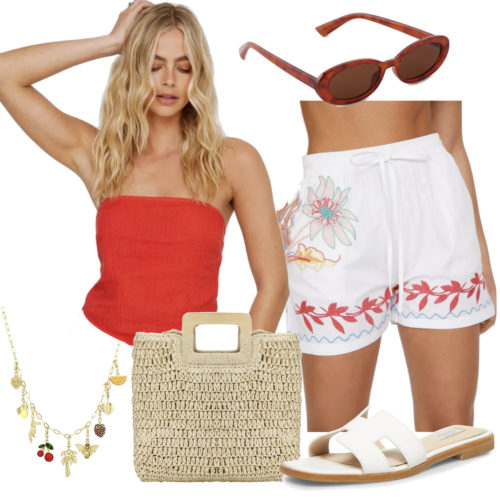 Italian Summer Outfit with embroidered shorts and a red bandeau top