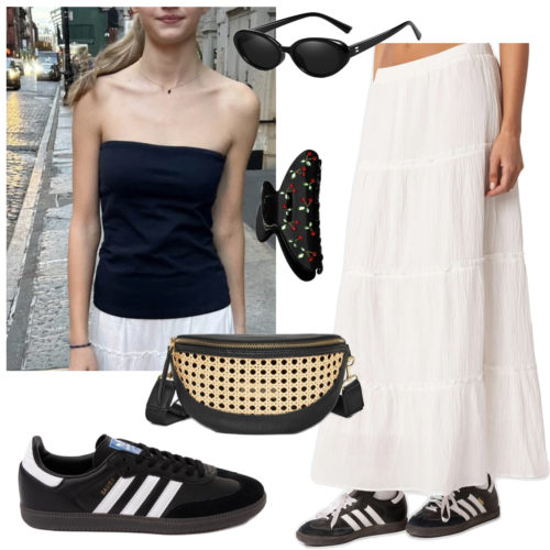 Italian Summer Outfit 3 with tube top, sneakers and a white tiered maxi skirt