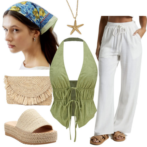 Italian Summer Outfit 4 with white pants and a halter top with sandals