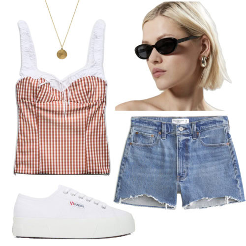 Italian Summer Outfit #7 with a gingham top, denim shorts and white sneakers