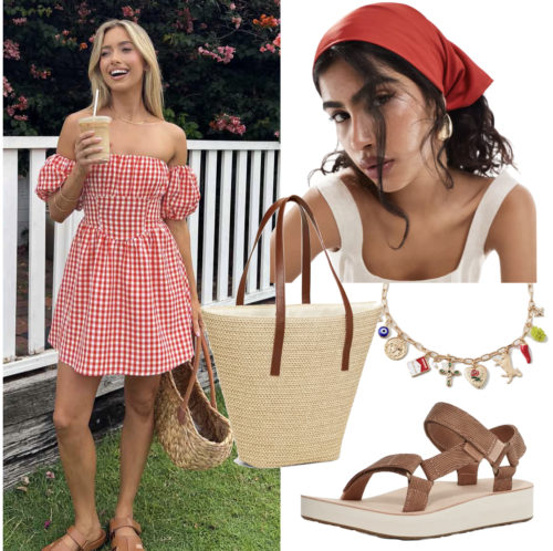 Italian Summer Outfit 8 with a red gingham mini dress, head scarf and sandals