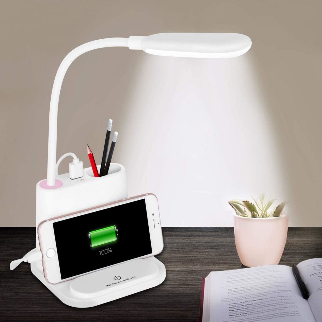 Amazon small desk lamp in white with space for pens, USB charger, and phone dock