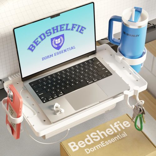 Bedshelfie in white with room for a laptop, phone, Stanley, and keys, with cord holder