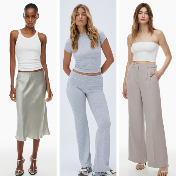 Clean girl aesthetic outfit examples: Satin midi skirt with white tank top, gray flared leggings and t-shirt matching set, neutral wide leg pants and tube top