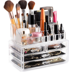 Clear stacking makeup organizer with drawers for jewelry