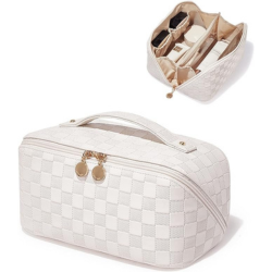 Large cream-colored makeup bag with checkerboard design and multiple compartments