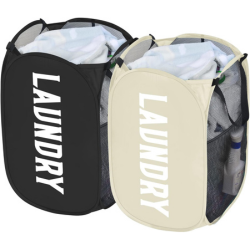 2 pack of pop up laundry hampers from Amazon, one black and one beige