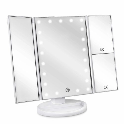 Light-up makeup mirror with magnification in silver