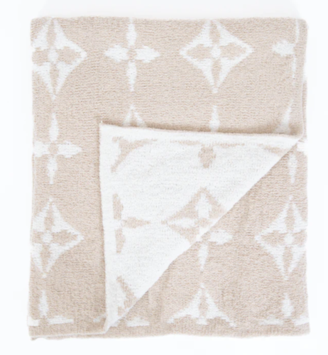 Beige and white monogram aesthetic cozy blanket from Pink Lily - barefoot dreams dupe