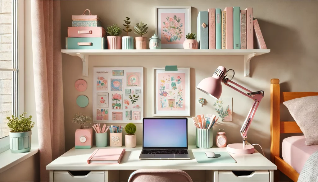 Organized dorm room desk space with a pastel theme