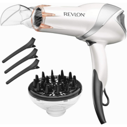 Revlon white and rose gold blow dryer with concentrator and diffuser attachments
