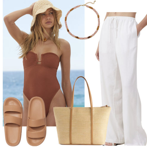 Lake Day Outfit with a one-piece swimsuit and flowy white pants