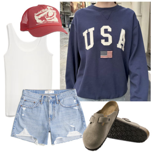 Lake Day outfit with denim shorts and a USA sweatshirt