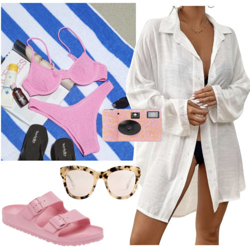 Lake Day Outfit with a bikini and white button-down cover-up shirt