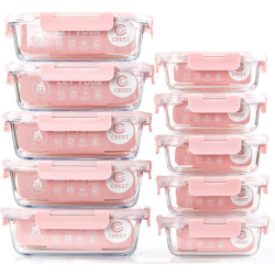 Set of 10 glass food storage containers with pink lids