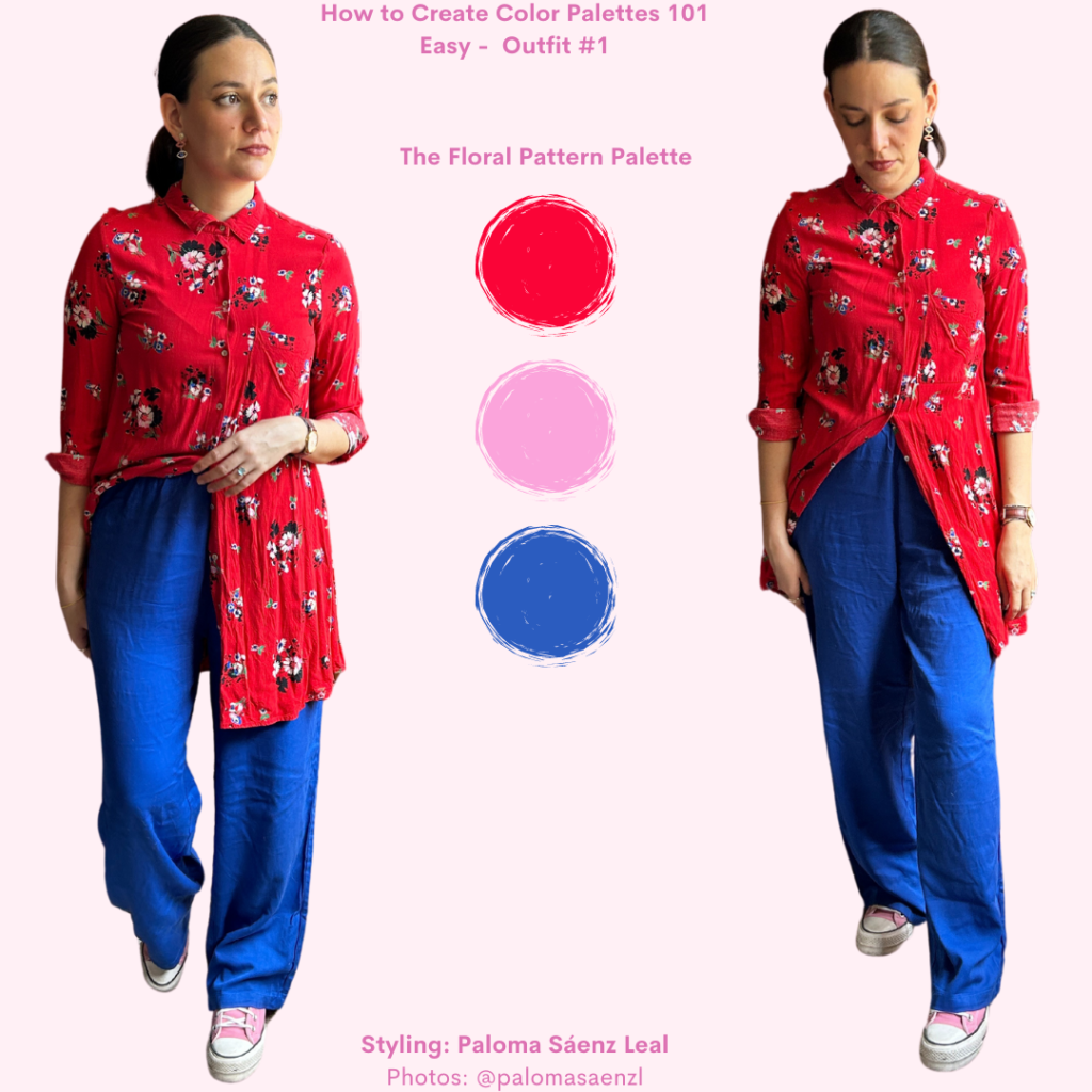 Creating color palettes outfit 1: red floral mini dress, cobalut blue pants, pink high top Converse. 