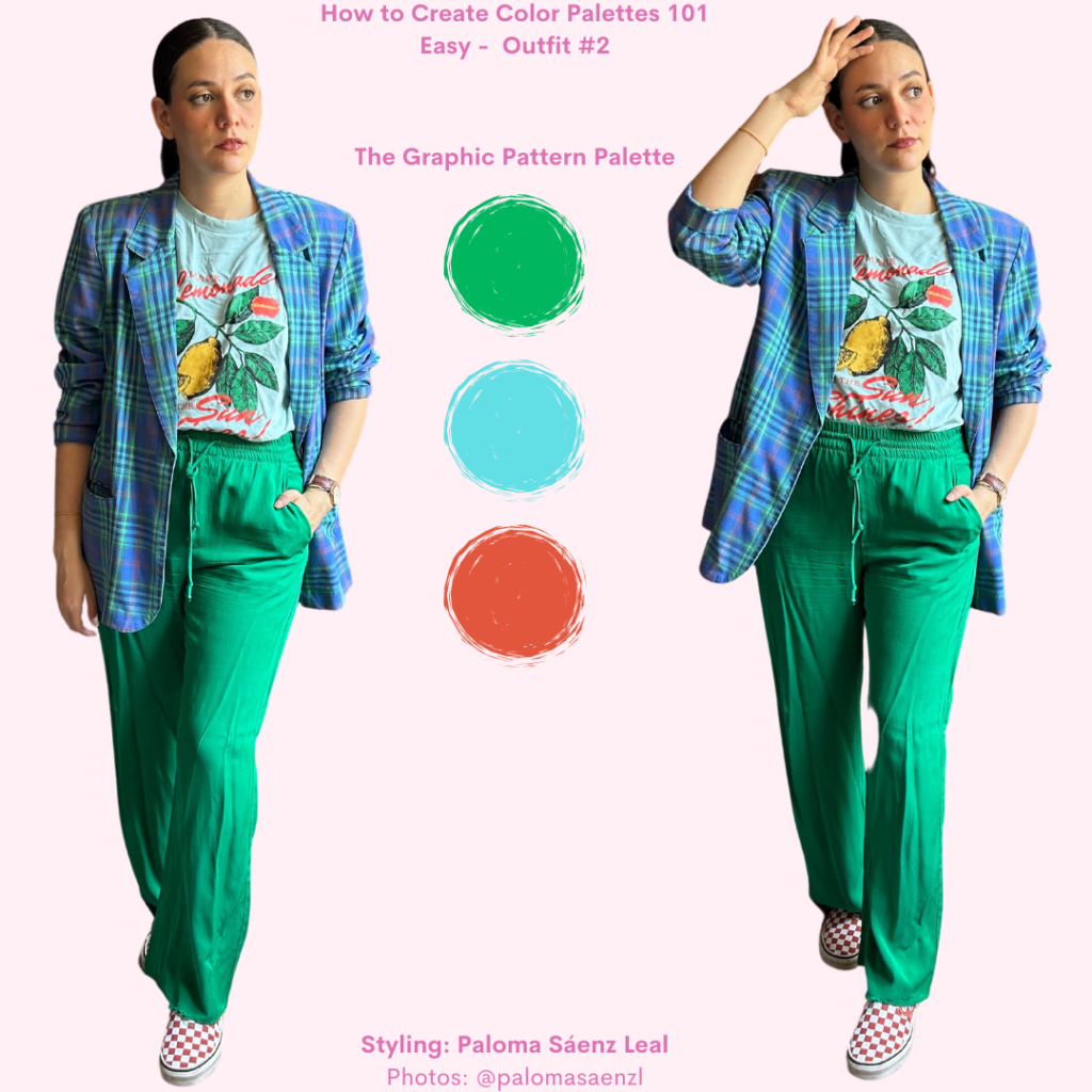 Creating color palettes outfit 2: teal graphic tshirt, green pants, teal and blue tartan blazer, orange Vans