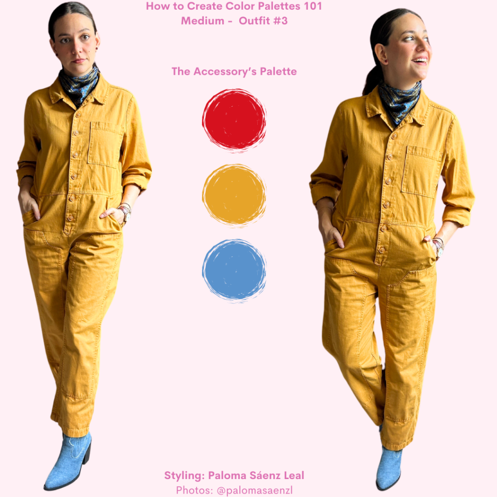 Creating color palettes outfit 3: mustard yellow denim jumpsuit, blue denim booties, blue and yellow ascot