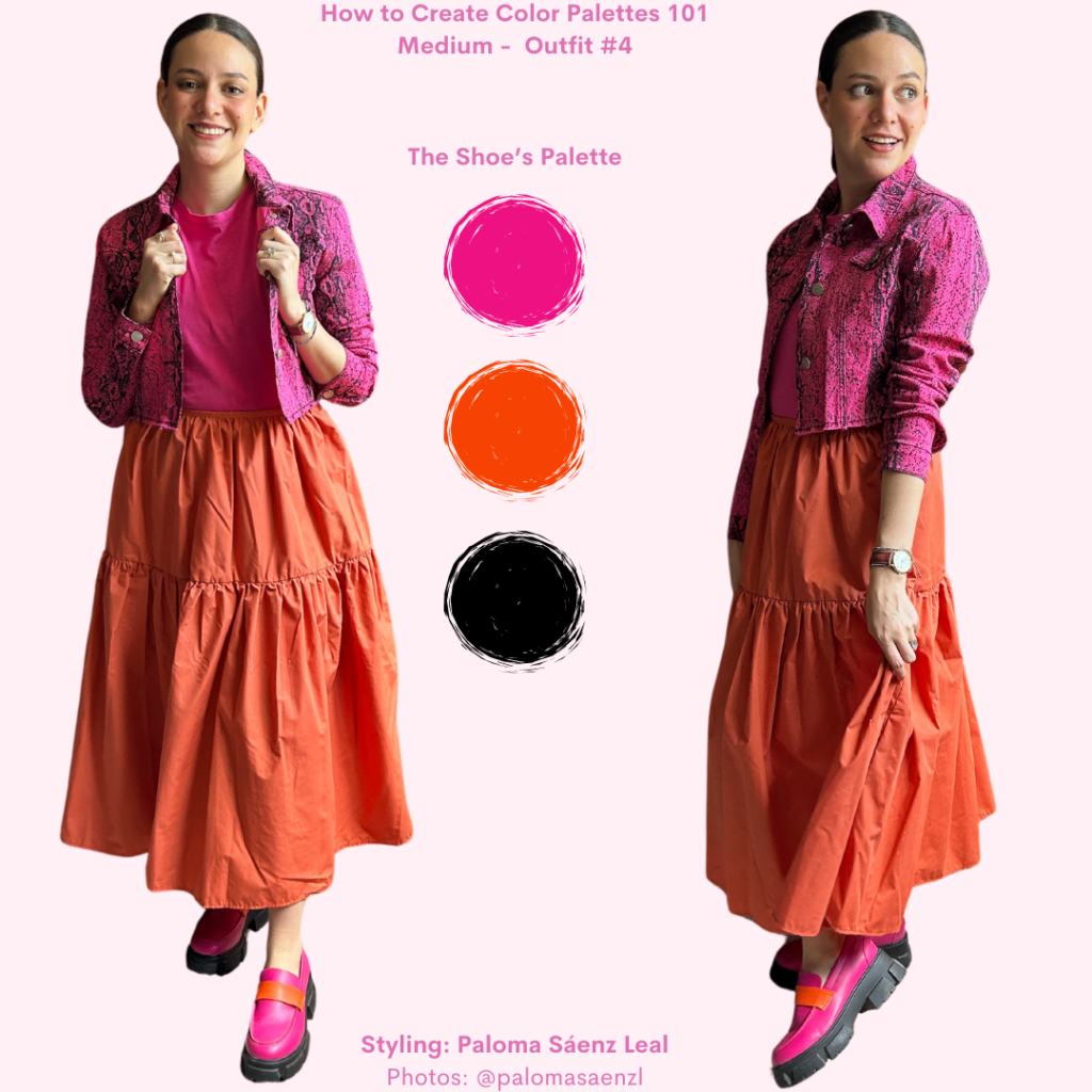 Creating color palettes outfit 4: pink t shirt, orange skirt, pink snake print jacket, pink and orange chunky loafers 