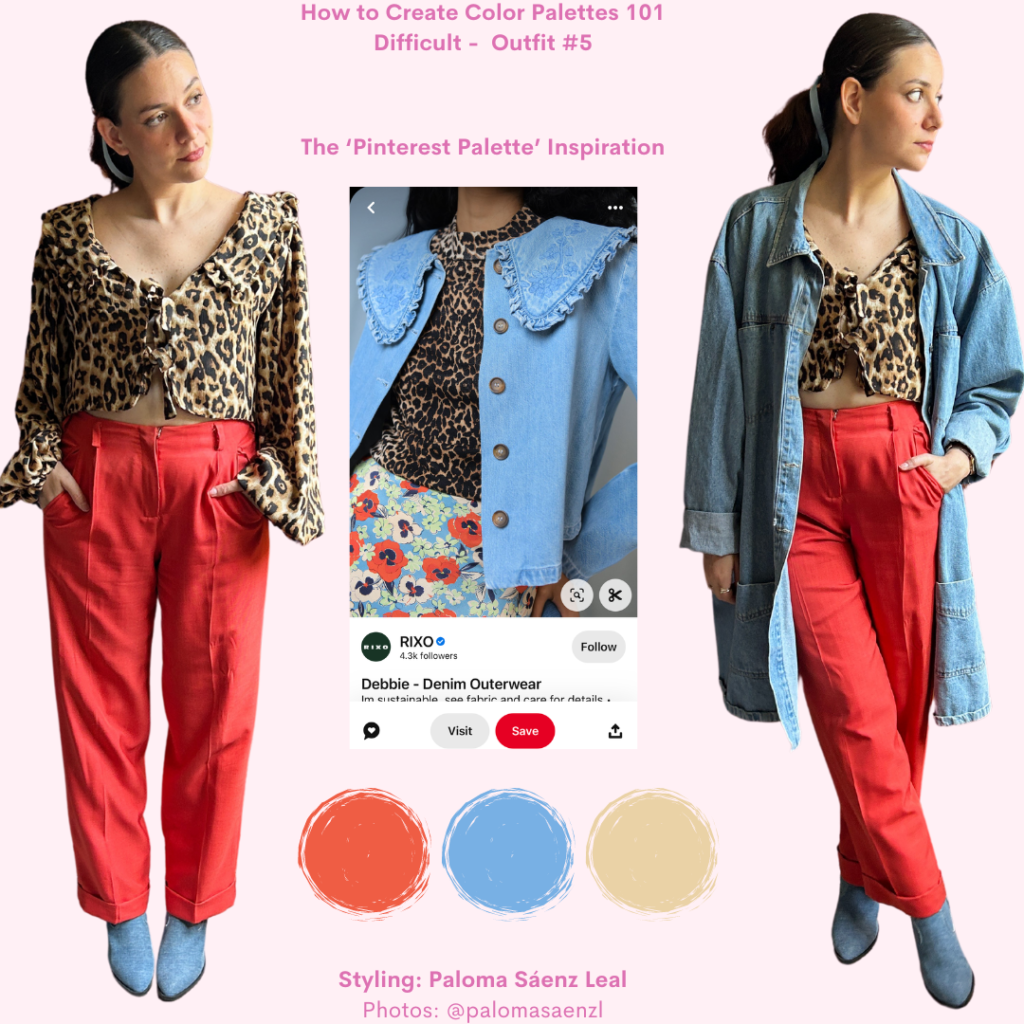 Creating color palettes outfit 5: orange trousers, animal print blouse, denim coat, blue dneim booties