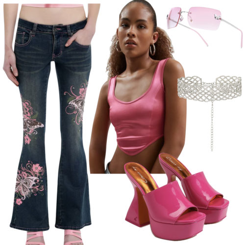 Y2K Bimbo Aesthetic Outfit with Jeans and a Pink Crop Top