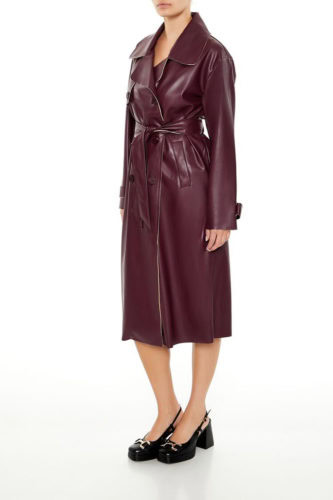 F21 Burgundy Faux Leather Trench Coat