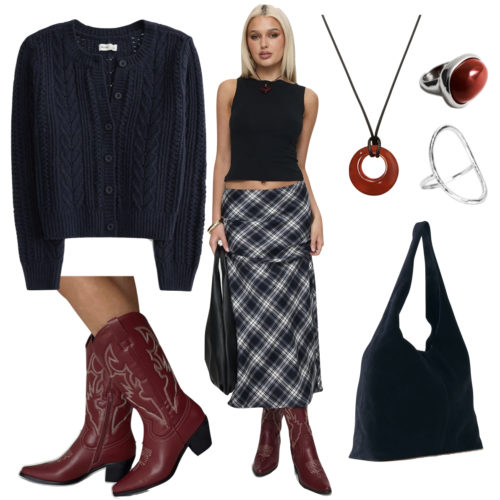 Trendy thanksgiving outfit with plaid maxi skirt and cowboy boots