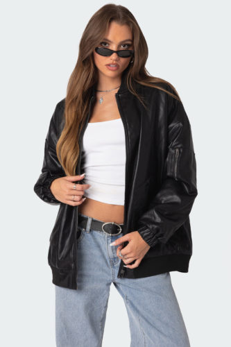 Edikted black faux leather bomber jacket