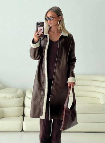 PP brown long faux leather coat