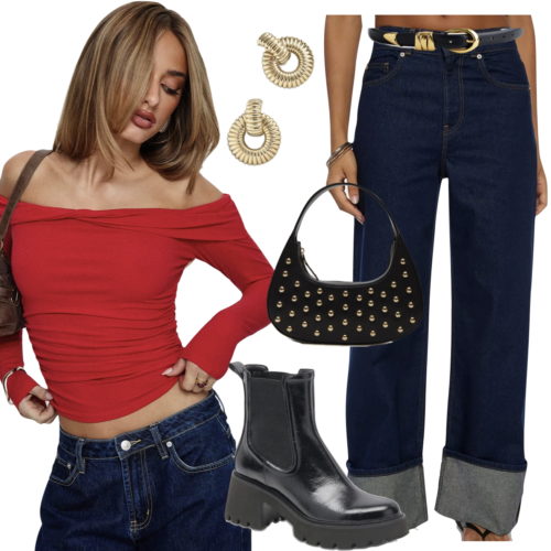 Casual Holiday Outfit with red off the shoulder top and jeans