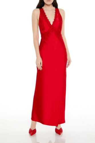 F21  red satin lace trim maxi dress