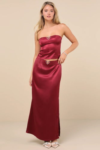 Lulus satin top maxi skirt pearl heart