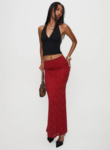 PP red lace maxi skirt.