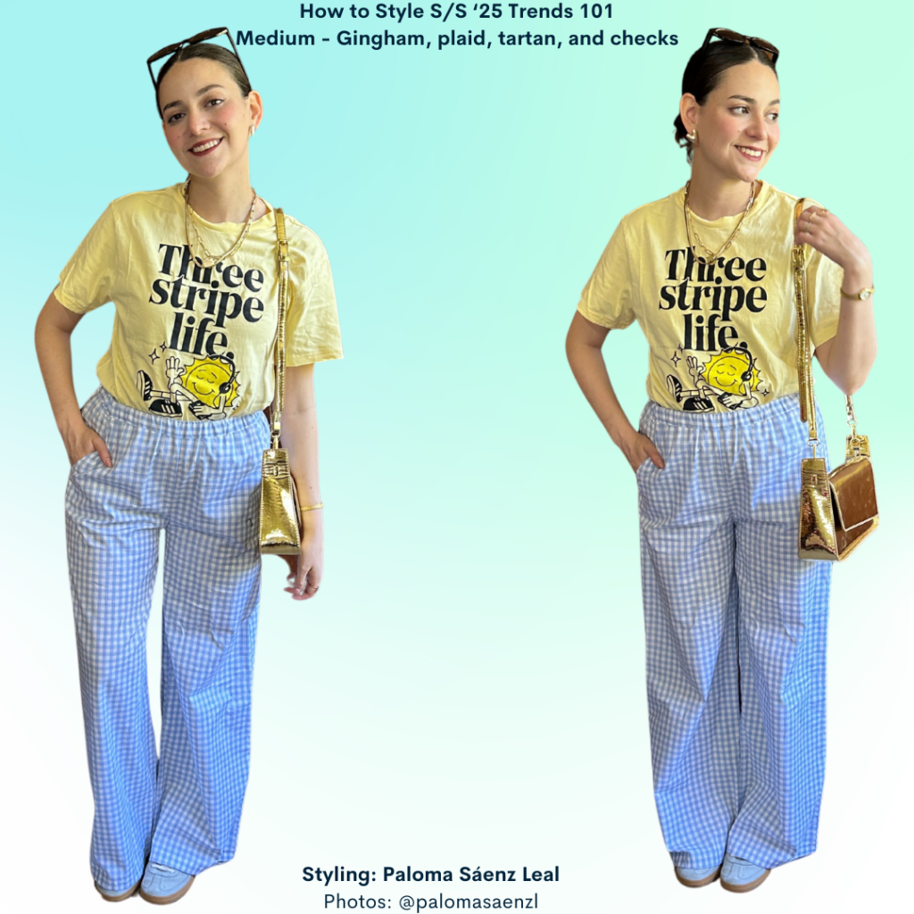 Spring/Summer 2025 Trends Atuend 3 Gingham: Gingham blue pants, yellow shirt, blue suede sambas, gold bag, black sunglasses