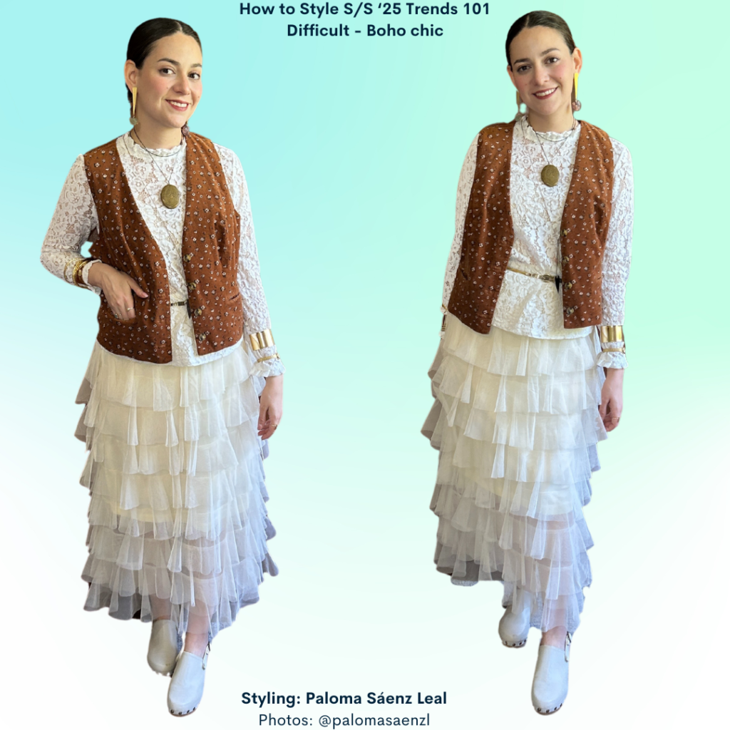 Spring/Summer 2025 Trends Trends 4 Boho Chic: Lace shirt, tulle skirt, white clogs, corduroy vest, gold fists, gold belt, gold necklaces, long gold earrings