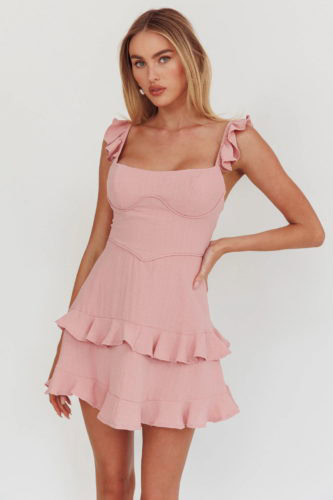 selfie leslie pink ruffle dress